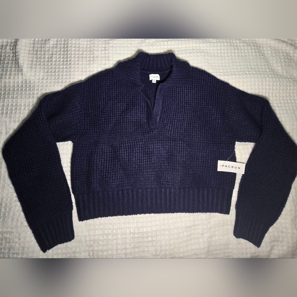 Pacsun LA Hearts Gabriela Waffle Knit Collared Sweater Navy Blue Size Small NWT